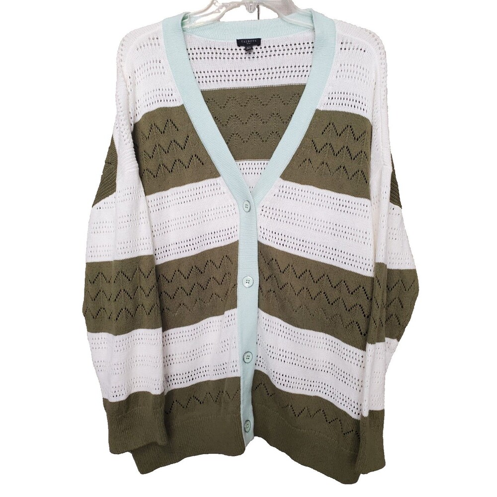 Talbots Plus Cotton/Linen Pointelle Knit Colorblock Button-Up Cardigan 2X Beachy